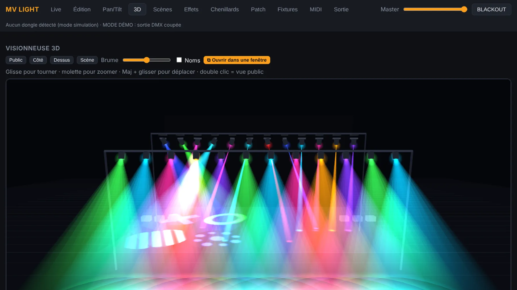 Visionneuse 3D de MV Light : des dizaines de projecteurs sur deux ponts, faisceaux rouges et gobos projetés au sol
