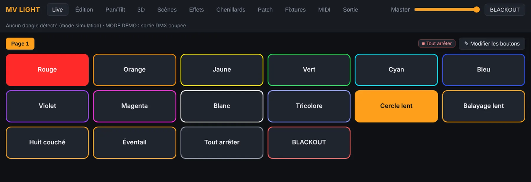 Onglet Live de MV Light : pages de boutons colorés pour les couleurs, les mouvements et le blackout