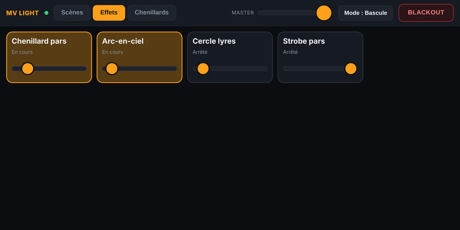 Télécommande iPad : onglet des effets avec curseur de vitesse